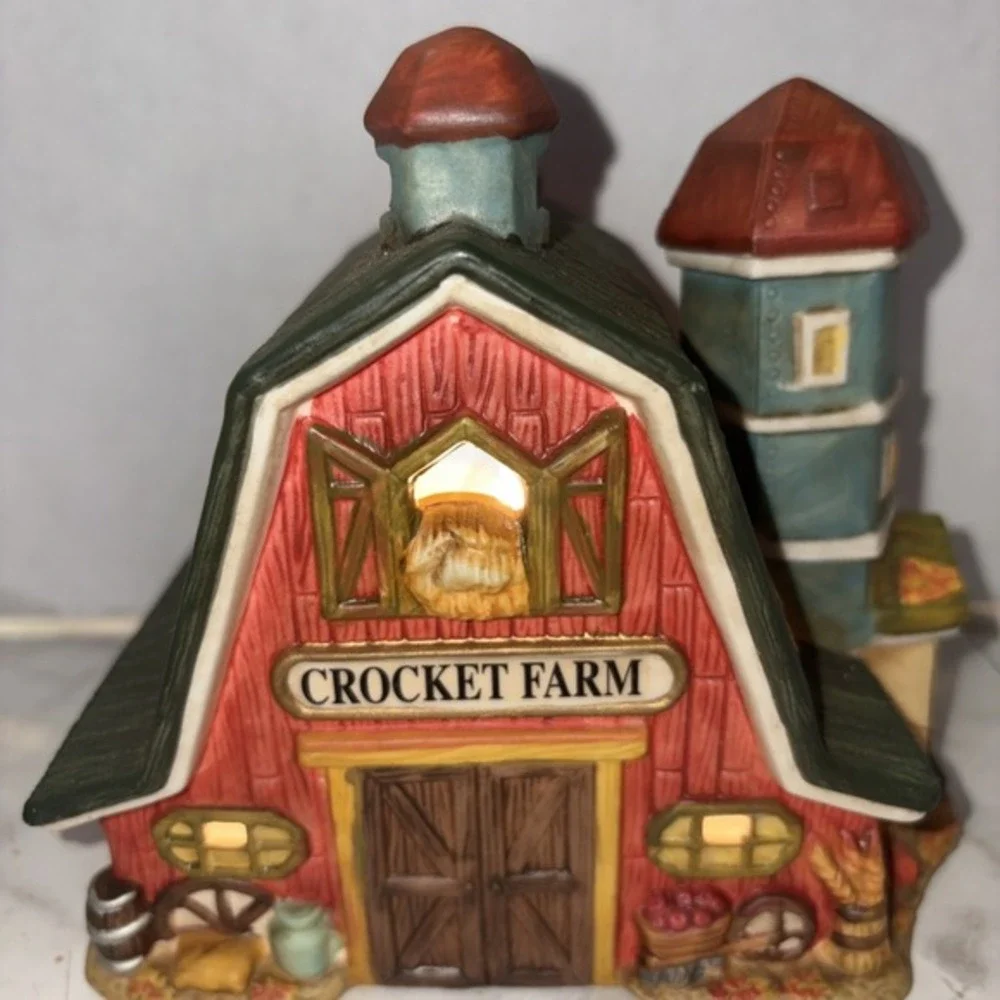 Light Up Crocket Farms Porcelain Barn w/ New Cord Light.‎ Apples Pumpkins Hay